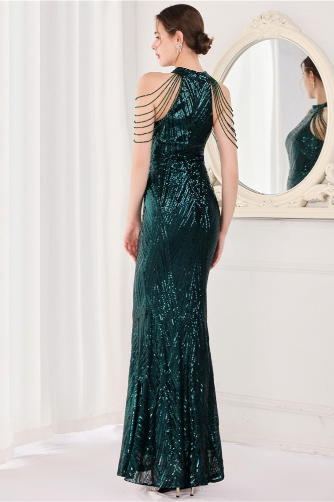 Vestido de fiesta maxi con lentejuelas, escote halter y corte de sirena