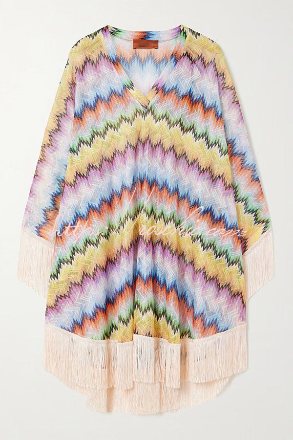Jiya Knit Colorful Zigzag Pattern Tassle Trim Loose Kaftan Mini Dress