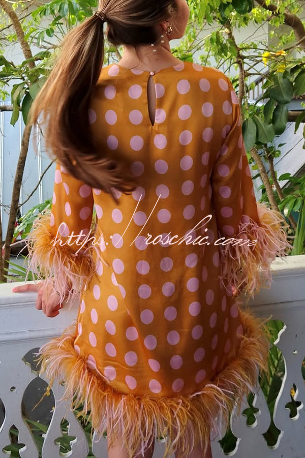 Playful and Cute Satin Polka Dot Print Half Sleeve Feather Trim H-line Mini Dress