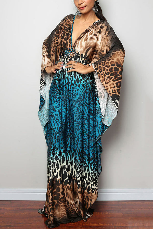 Unique Print Loose V-Neck Batwing Sleeve Casual Maxi Dress