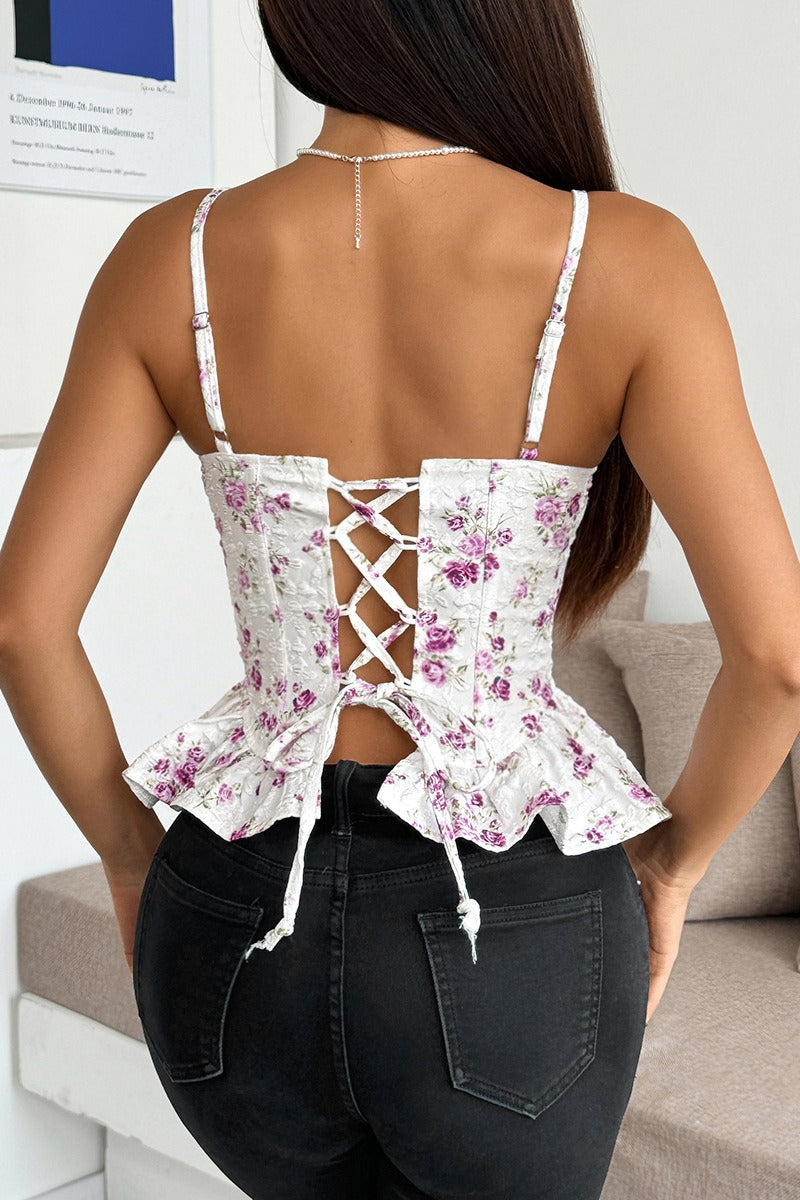 Top de tirantes con volantes irregulares y lazo con estampado floral