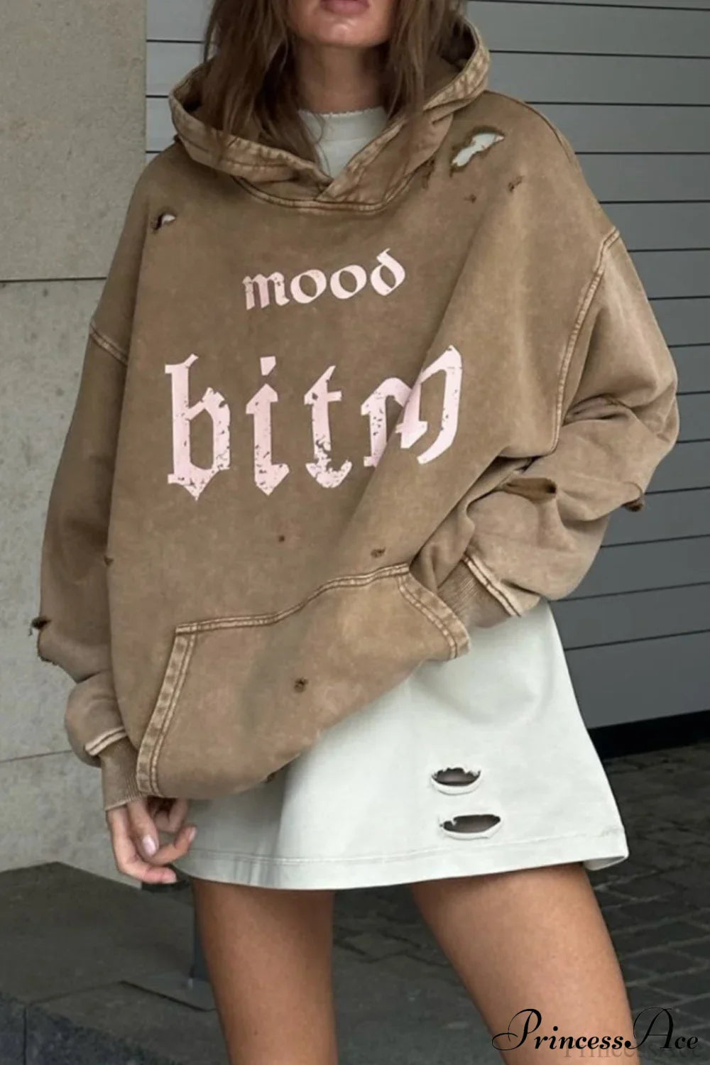Distressed Hoodie with Letter Print