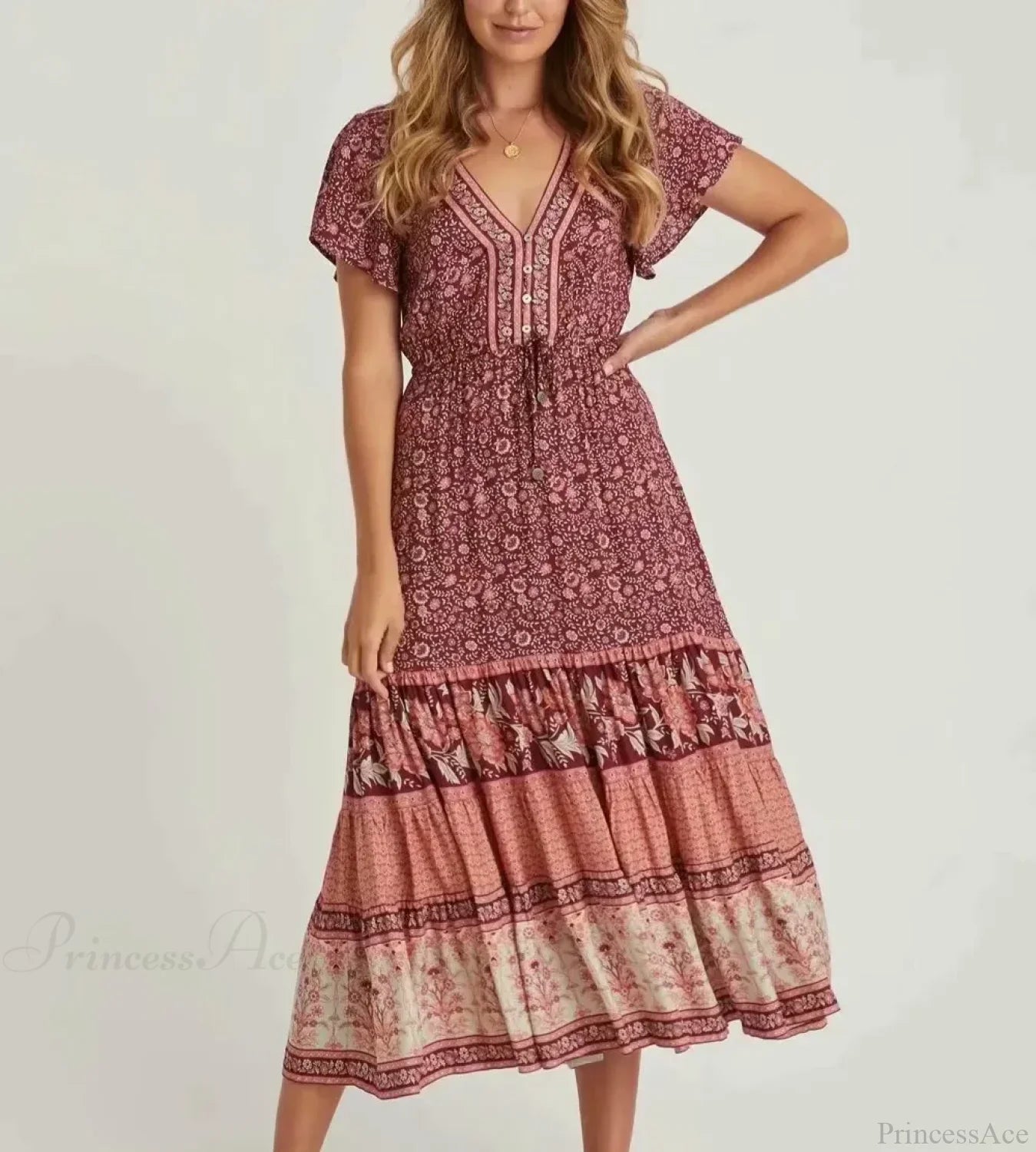 Drawstring Waist Midi Dress Vintage Floral Cotton Casual Summer Dress