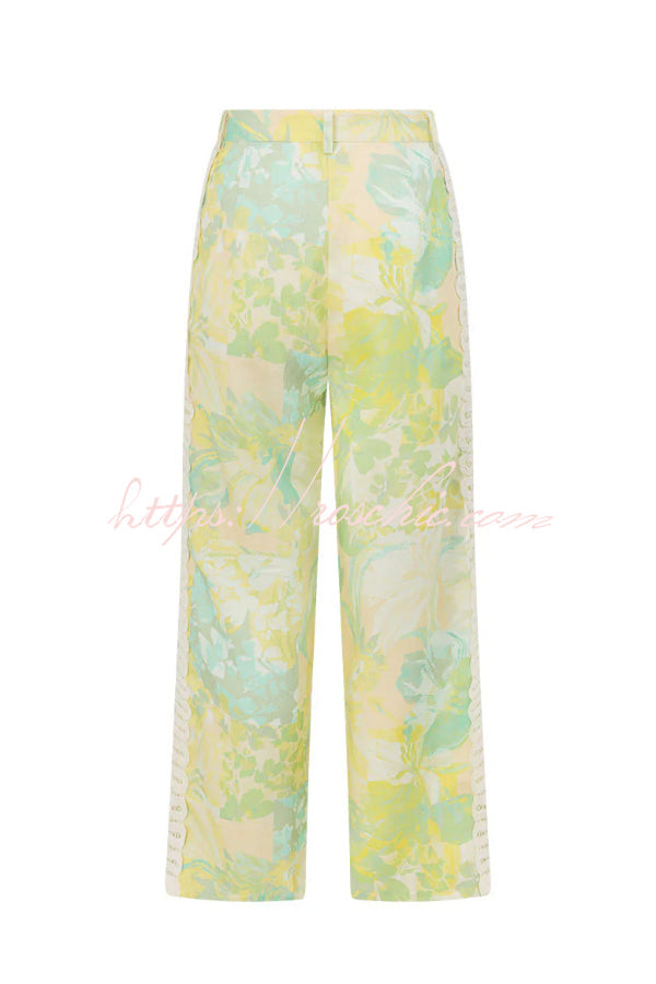 Summer Elegant Printed Curved Crochet Trim Camisole Top and Elastic Waist Casual Pocket Wide-leg Pants Set