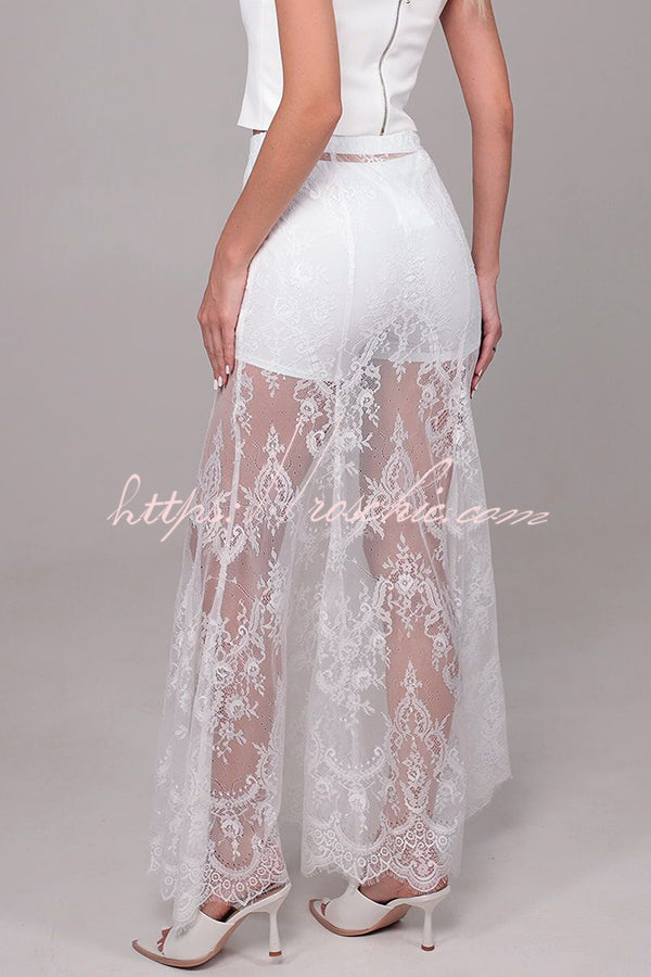 Queen Time Court-style Lace High Rise Elastic Waist Flare Maxi Skirt