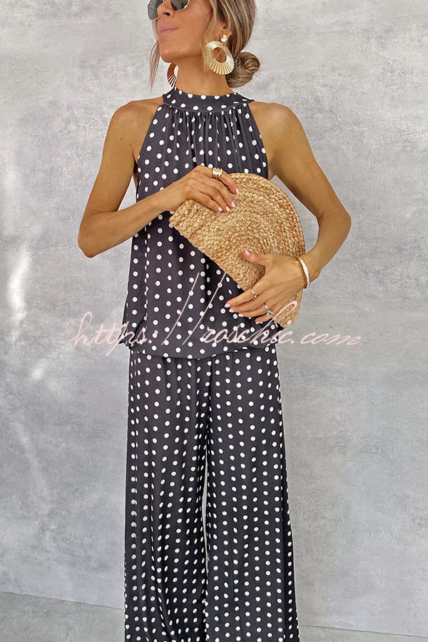Imanie Polka Dot Print Back Tie-up Tank and Elastic Waist Wide Leg Pants Set