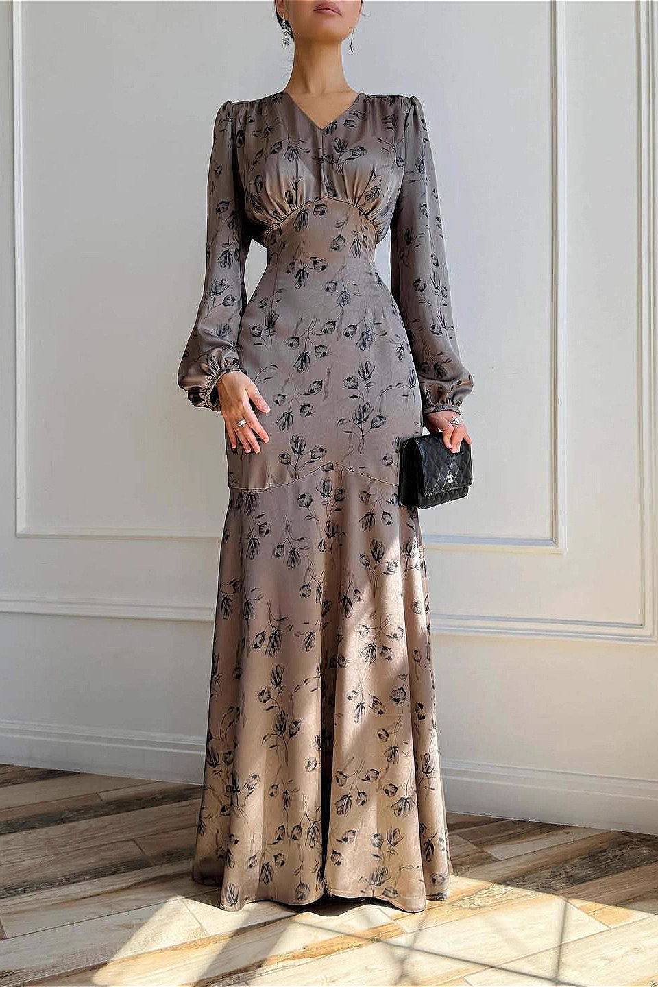 Elegant Satin High Waist Floral Dress