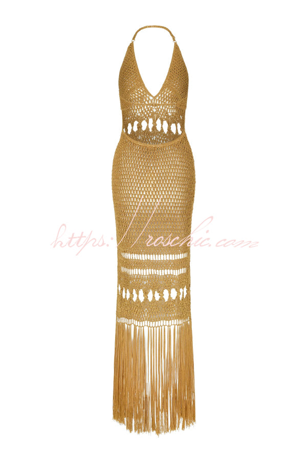 Fashionable Open-knit Backless Elegant Tassel Hem Vacation Cover-up Maxi Dress