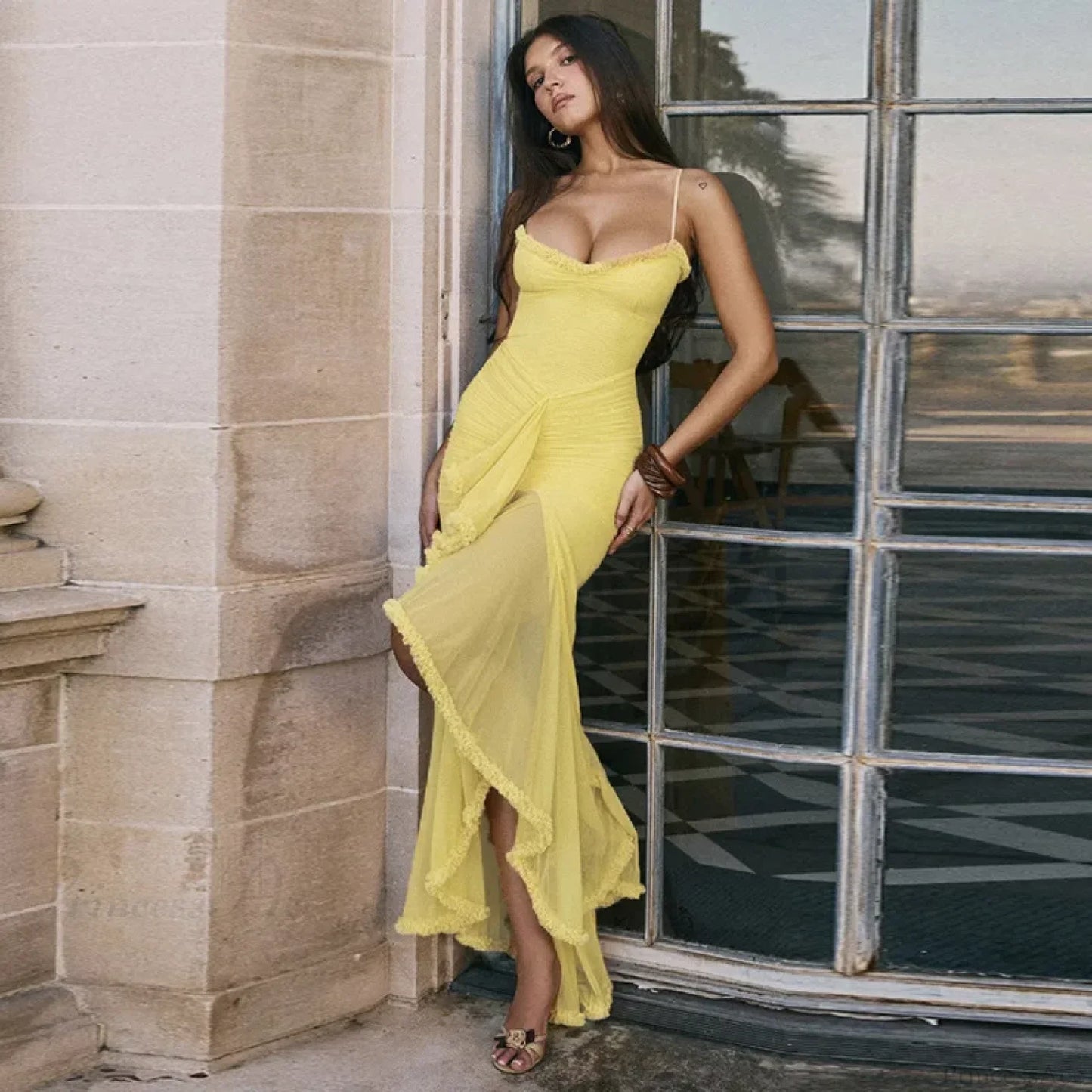 Elastic Mesh Ruffles Vacation Dress