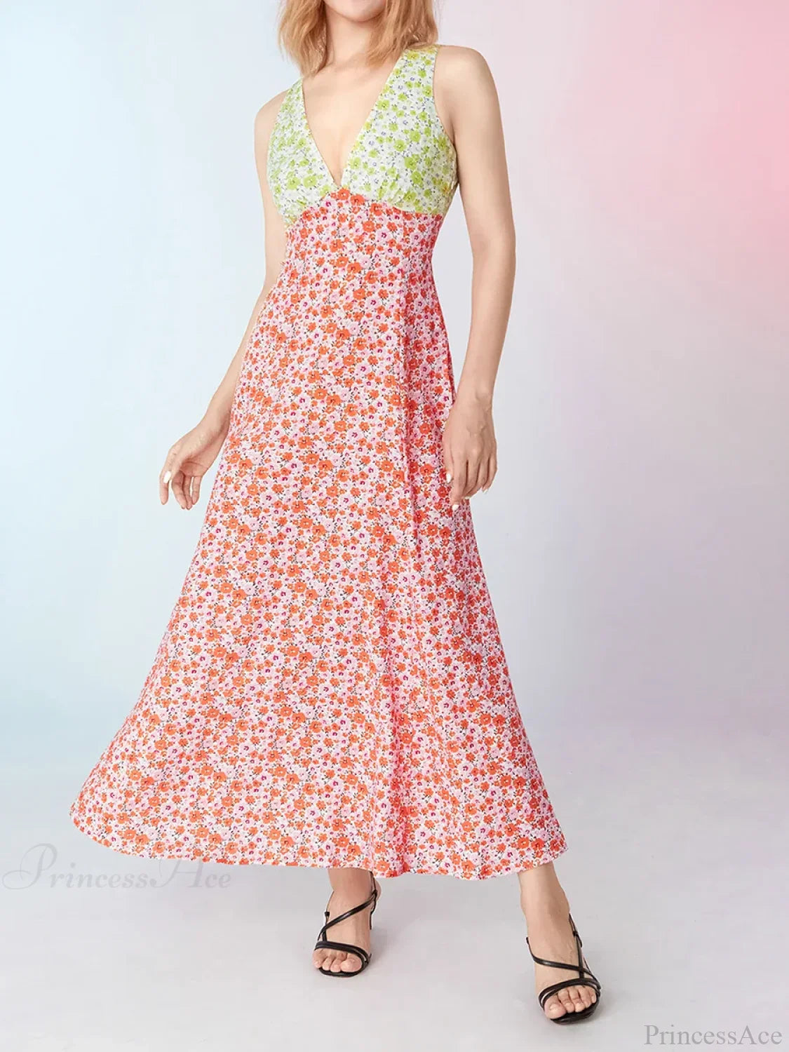 Elegant Patch Color Floral Flowy Backless V-neck Tank Beach Floral Dress