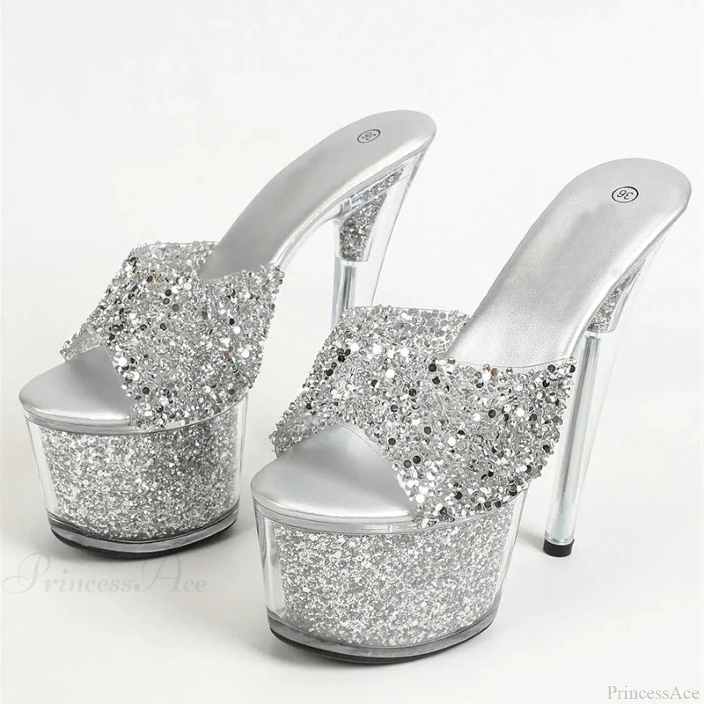 Extreme 17CM Pole-Dance Sequined Transparent Platform Peep-Toe Sexy Slipper Stripper High Heel