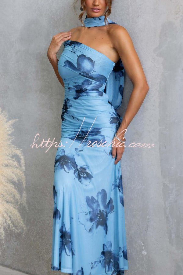 Floral Print Elegant Mesh Off-shoulder Fitted Maxi Dress