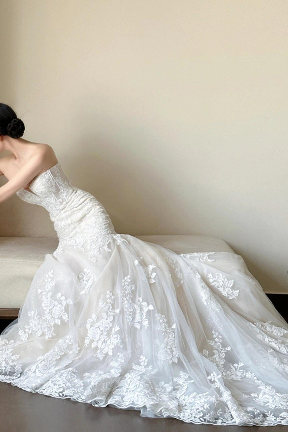 Vestido de novia de cola de sirena sin tirantes de encaje