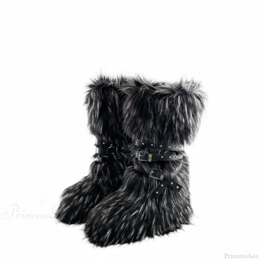 False Hair Wedge Platform Brown Gothic Winter Knee Boot