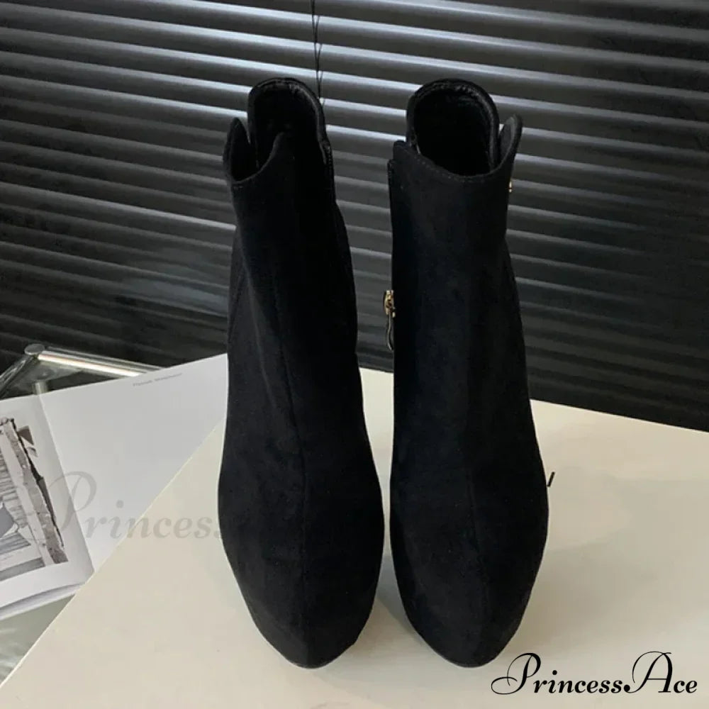 Fashion Chic Elasticity Buckle Strap Women Platform Boots Zip Round Toe Pole Dance High Heels Shoes Black
