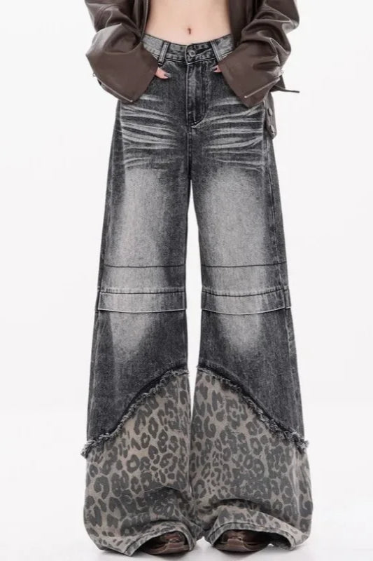 Vaqueros Anchos Estampado Leopardo Patchwork
