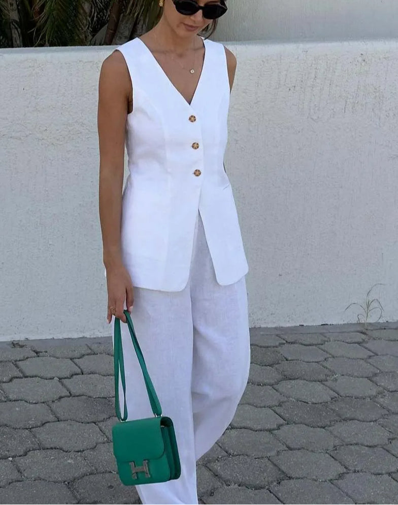 White Cotton Sleeveless Straight Trousers Office Two Piece Set