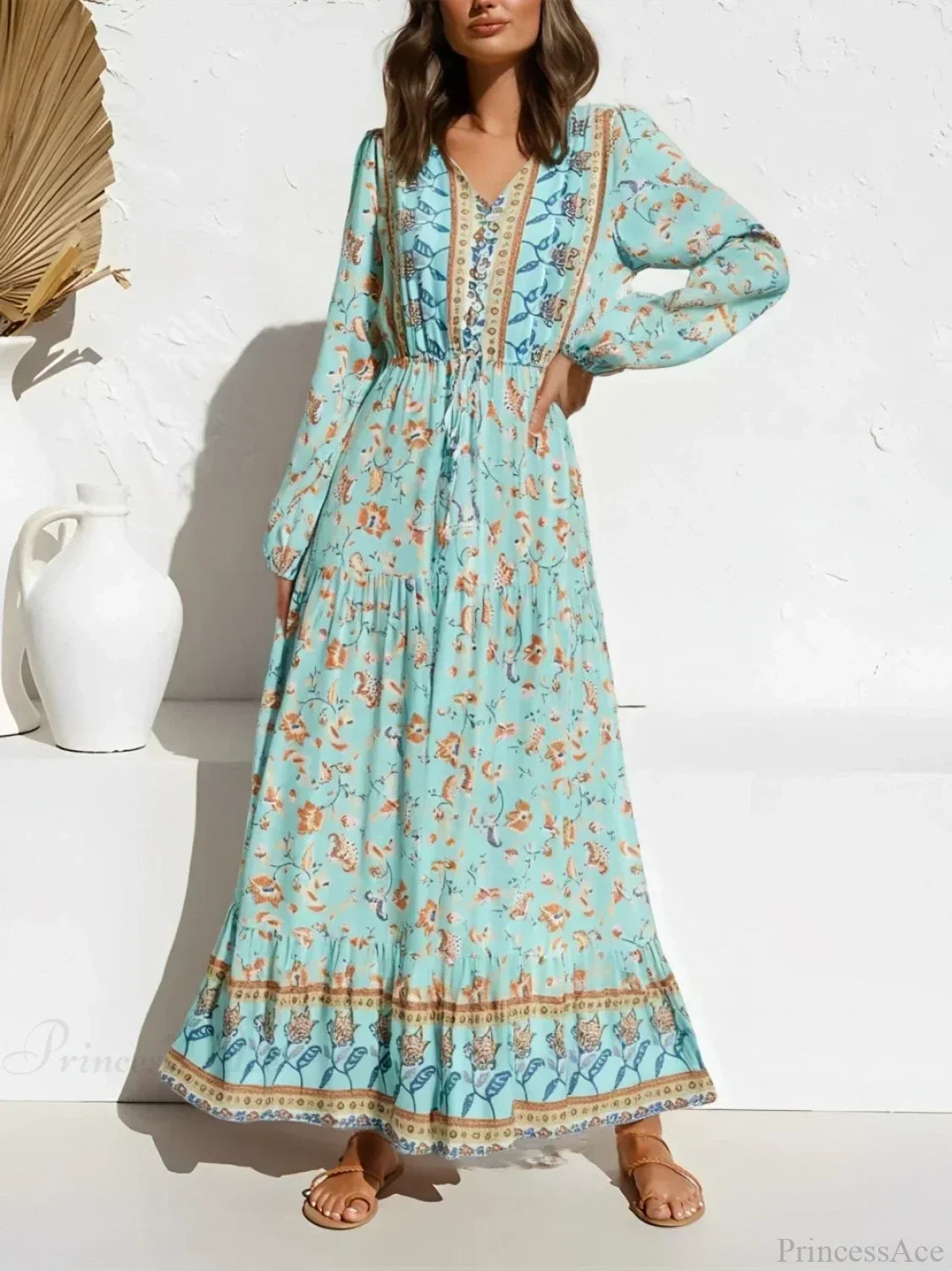 Flare Sleeve Purple Floral V-neck Maxi Boho Dress