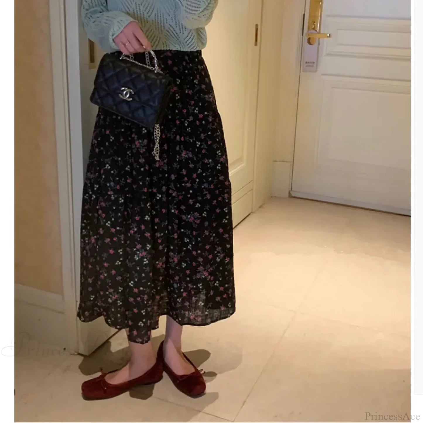 Floral Ditsy Print Elastic Waist Tiered Long Flared Skirt