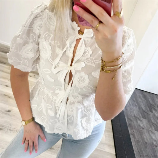 Floral Embroidery Puff Short Sleeve Blouse