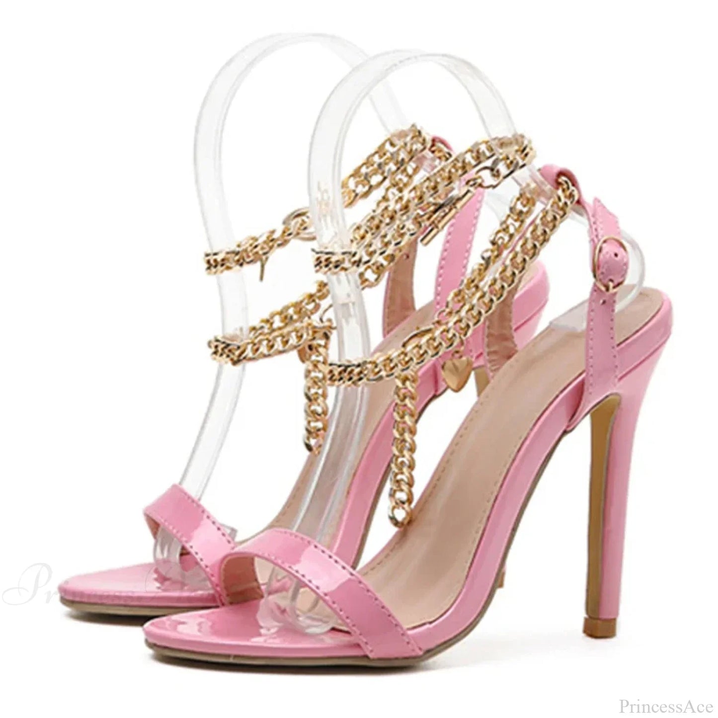 High-Quality Pink Patent-Leather Summer Women's Shoes Sandals Open-Toe Metal-Chain Ankle-Strap Sexy Stiletto High Heel