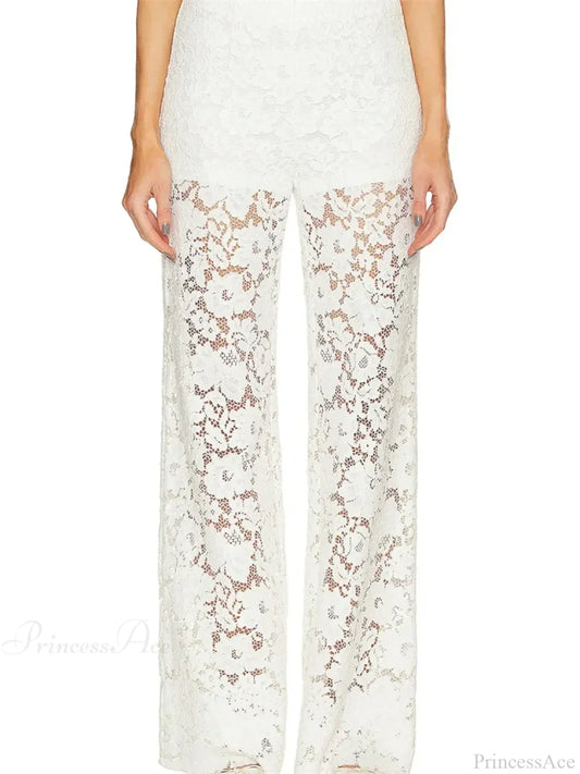 Lace Floral Loose Wide Leg See-Through Mesh Pant
