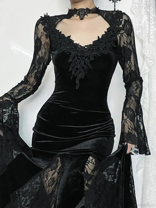 Lace Patchwork Flare Sleeve Maxi Dress