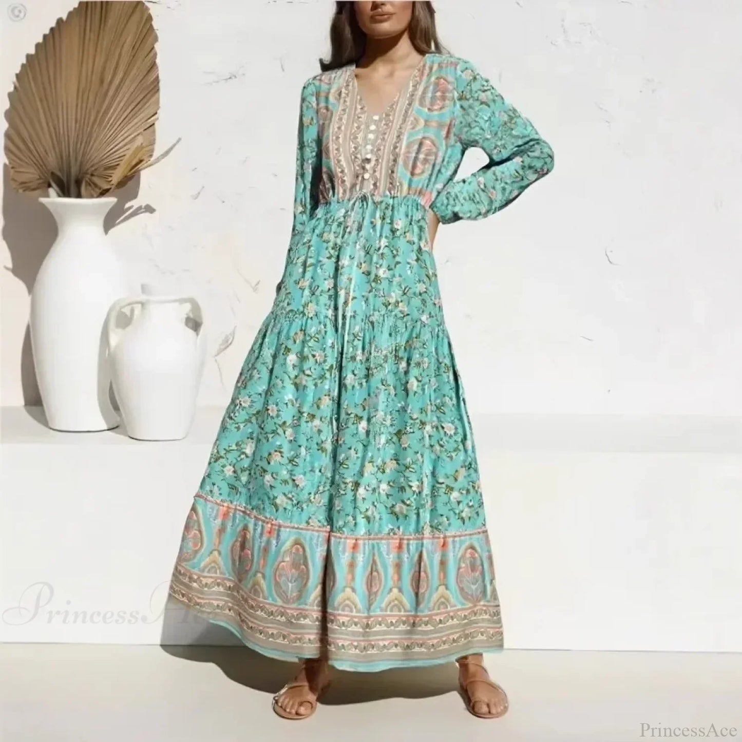 Lantern Sleeve Loose V-neck Green Floral Print Summer Maxi Boho Dress