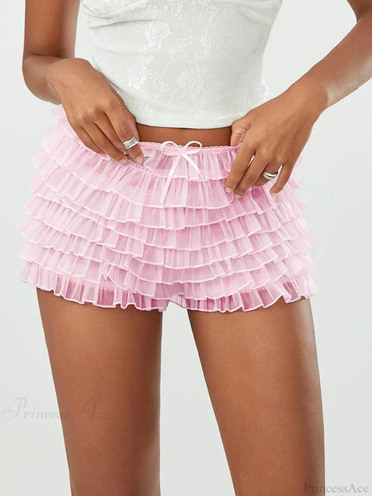 Mesh Bowknot Tiered Ruffle Short