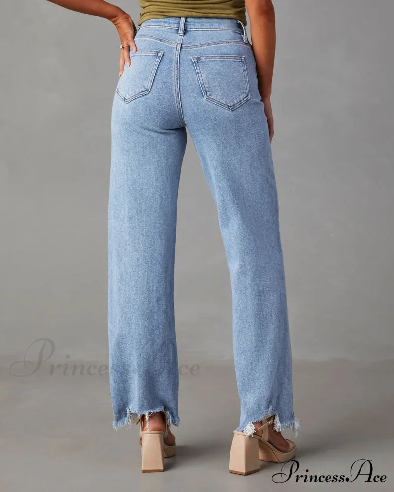 New Women's Women Simple Casual High Waist Wide-leg Trousers Irregular Tassels Women Streetwear All-match Female Pant Jean