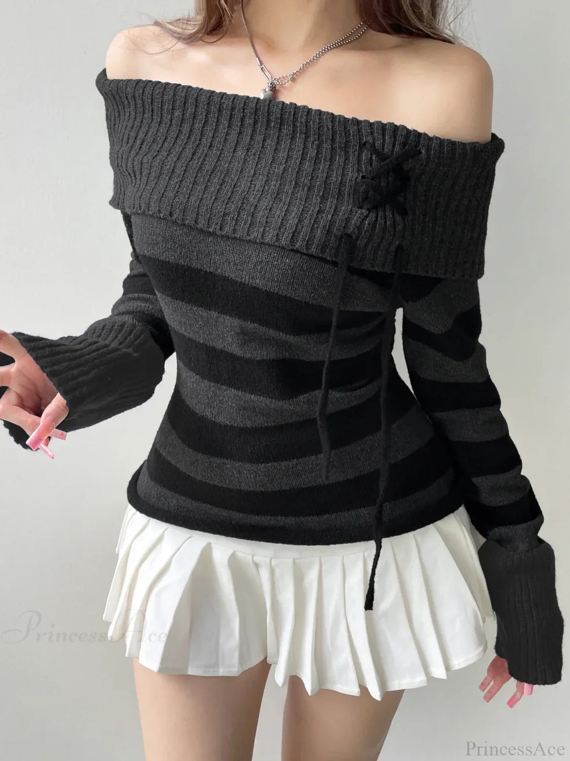 Off Shoulder Slim Knitted Striped Sweater