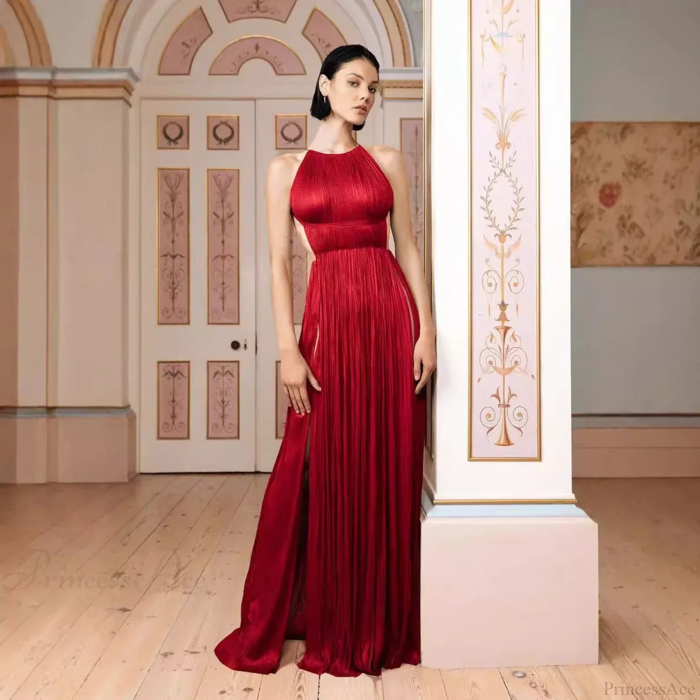 One-Shoulder Pleated Satin Party Prom Dress