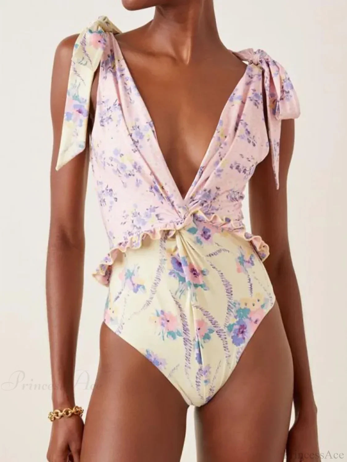 Traje de baño de una pieza de encaje floral amarillo y rosa