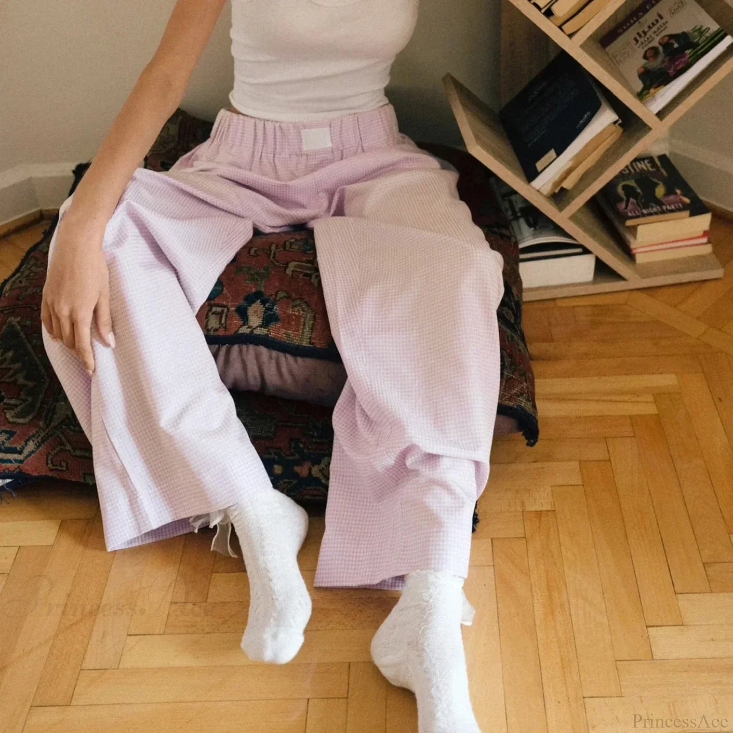 Plaid High Waist Straight Wide Leg Pajama Pant