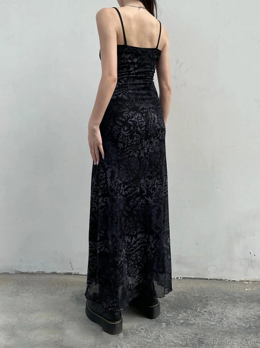 Printed Decorative Trim Mesh Full-Length Dress