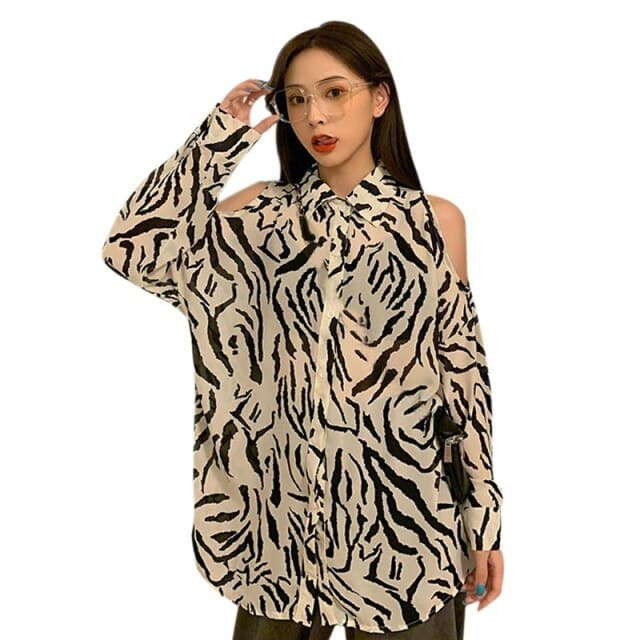 DressBetty - Women Printed Shirt Off The Shoulder Blouses Loose Long-sleeved Shirt Retro Female Blouses