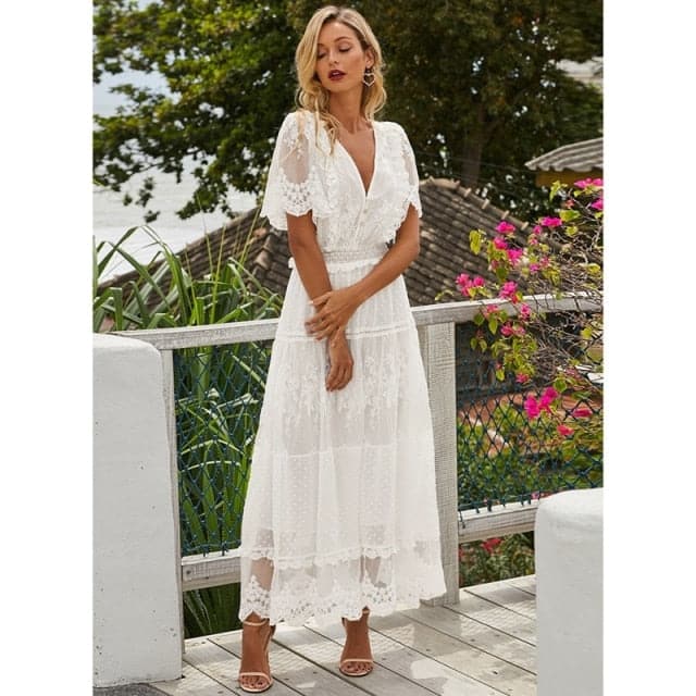 DressBetty - Hollow Out White Dress Women Long Lace Dress