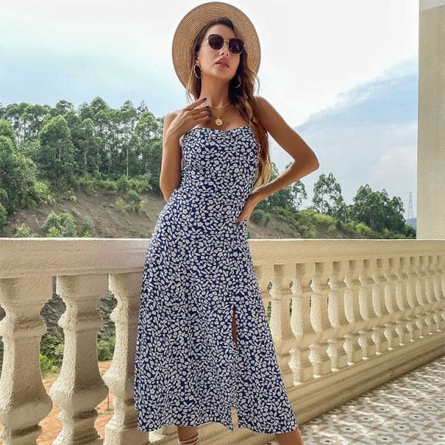 DressBetty - Summer Fashion Bohemian Sleeveless Dress for Women Vintage Floral Silk Maxi Robe Casual Wedding Guest Long Dresses