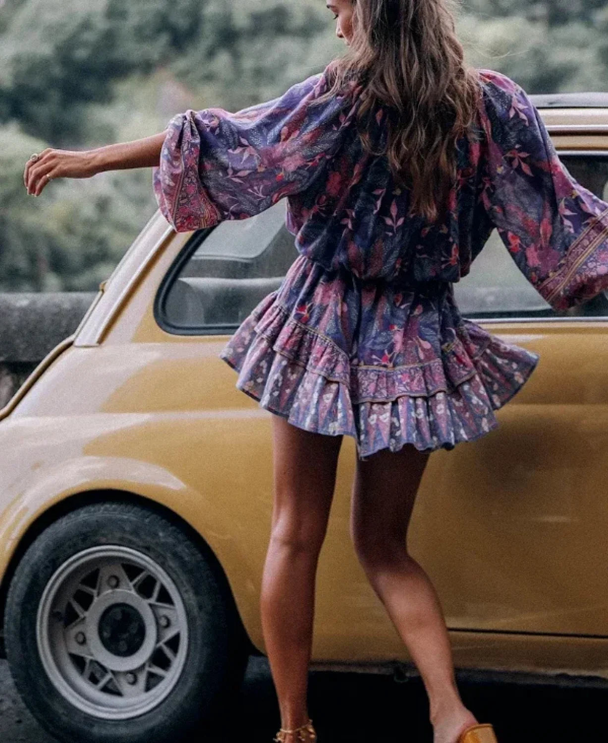 Purple Floral Elastic Waist Long Sleeve Mini Boho Dress