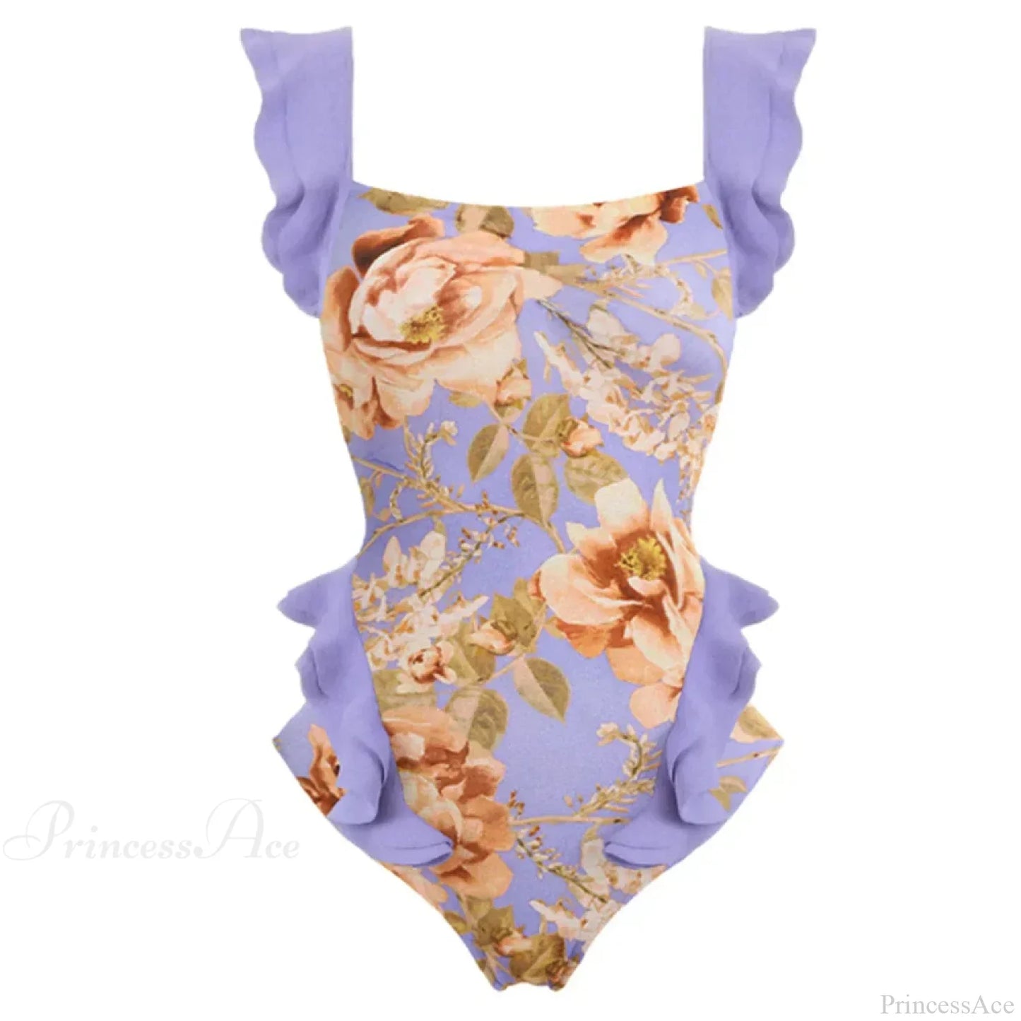 Traje de baño de una pieza con tirantes finos cruzados en la espalda, de encaje floral morado