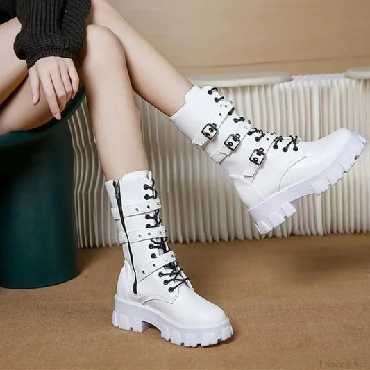 Rebellious Fastener Motorbike Mid-Calf Dark Boot