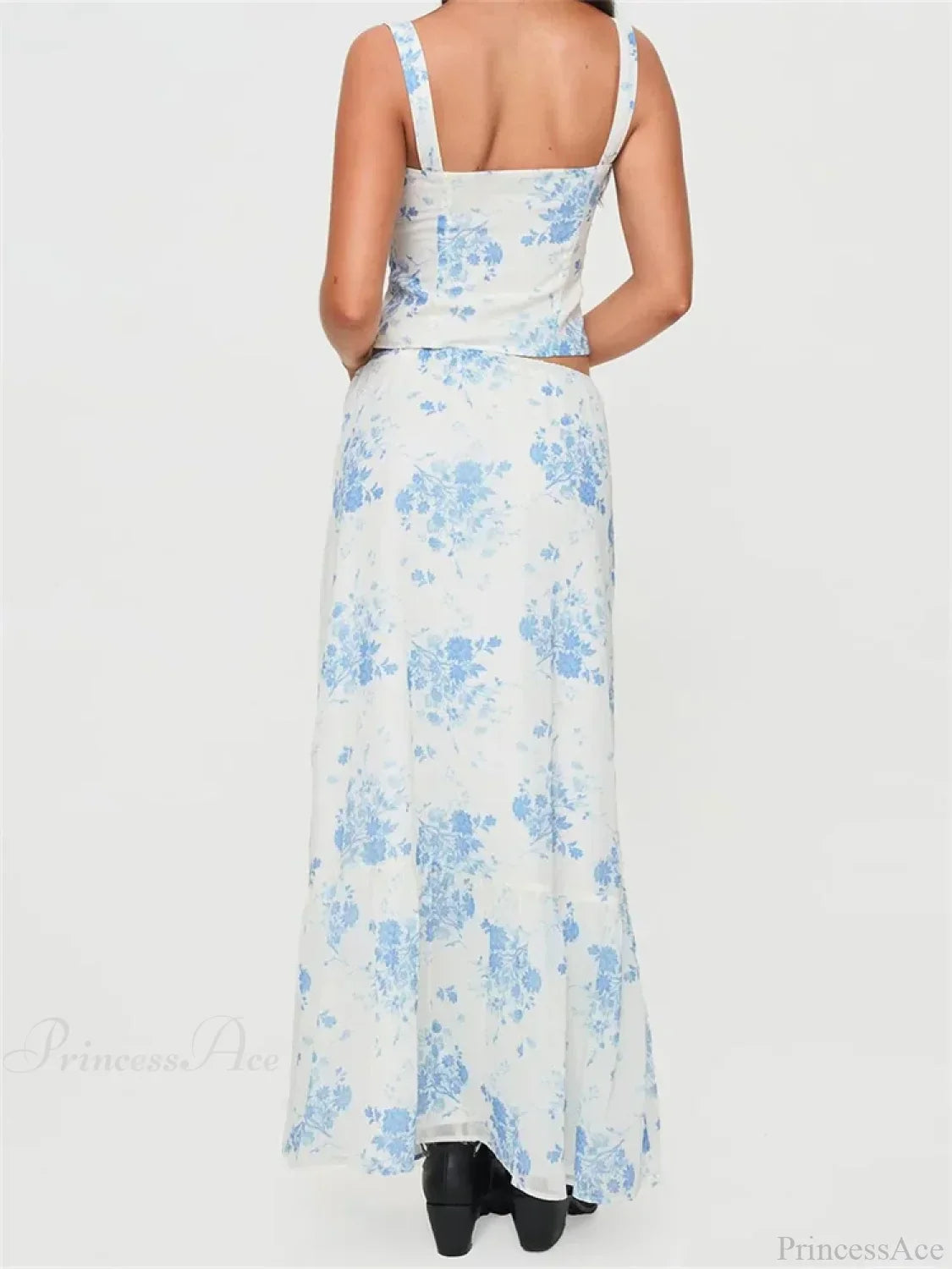 Retro Square Neck Button Up Tank Top Flower Print Long Skirt