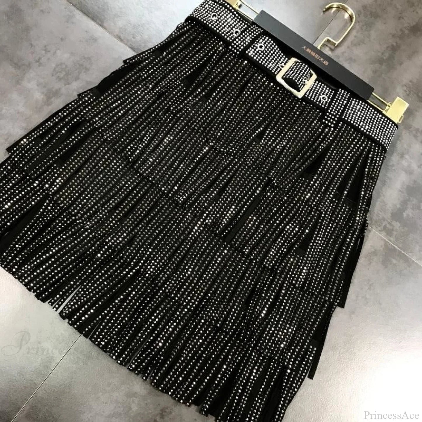 Rhinestones Tassel High Waist Belt Skirt