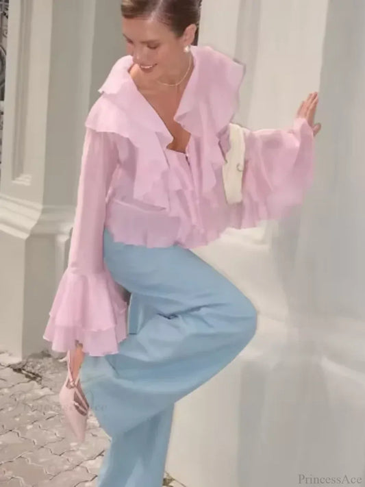 Ruffles V Neck Pink Chiffon Blouse