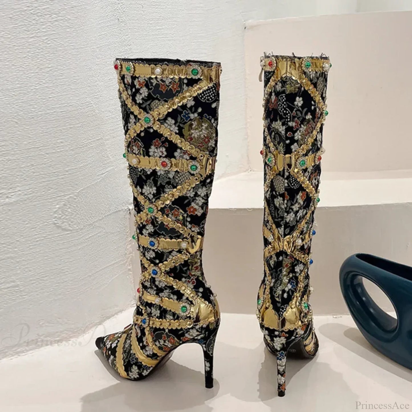 RunwayFashion Color Gem Embroider Pointed Toe Zip Stripper Heels Booties High Heel