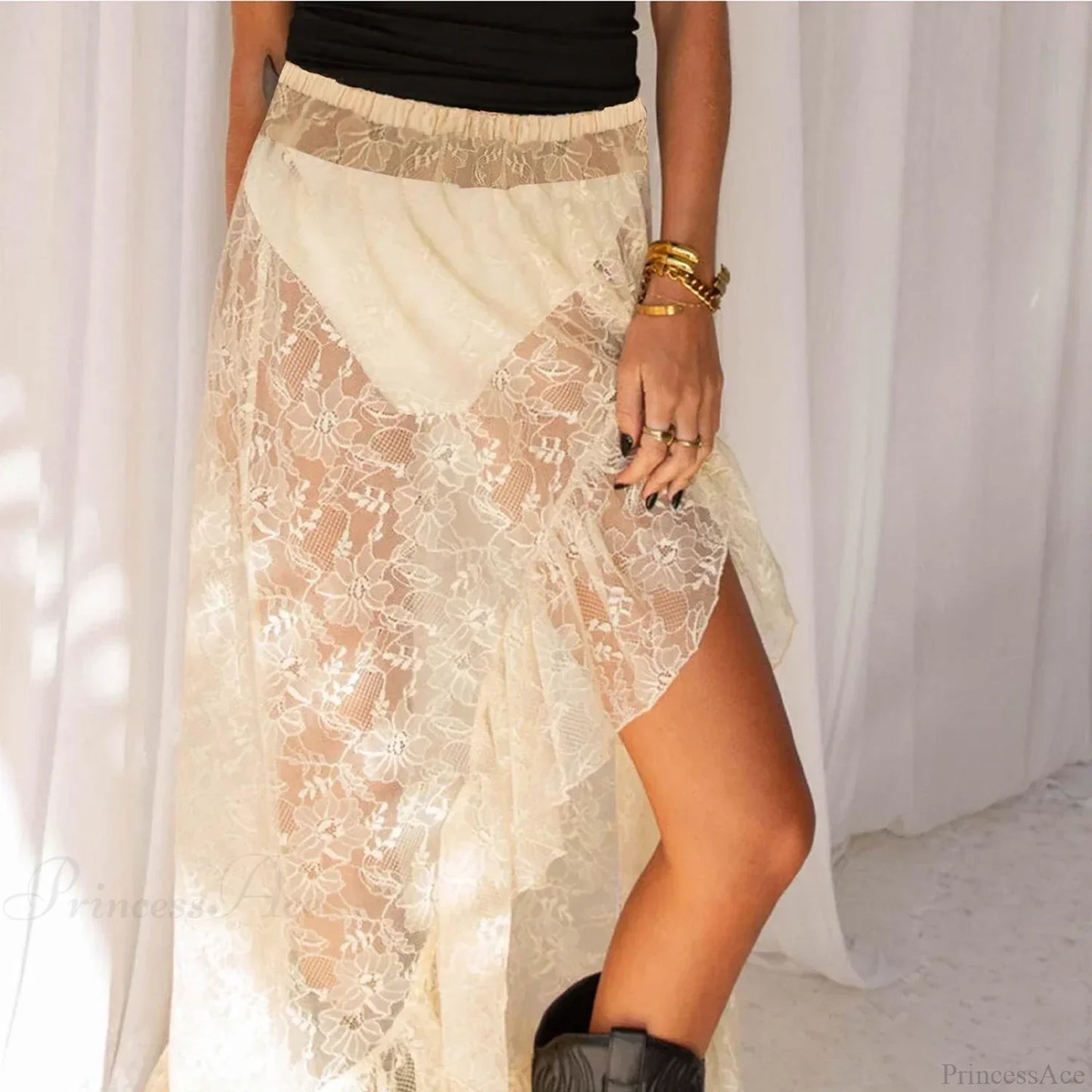 See Through Elastic High Waist Ruffle Asymmetrical Lace Skirt