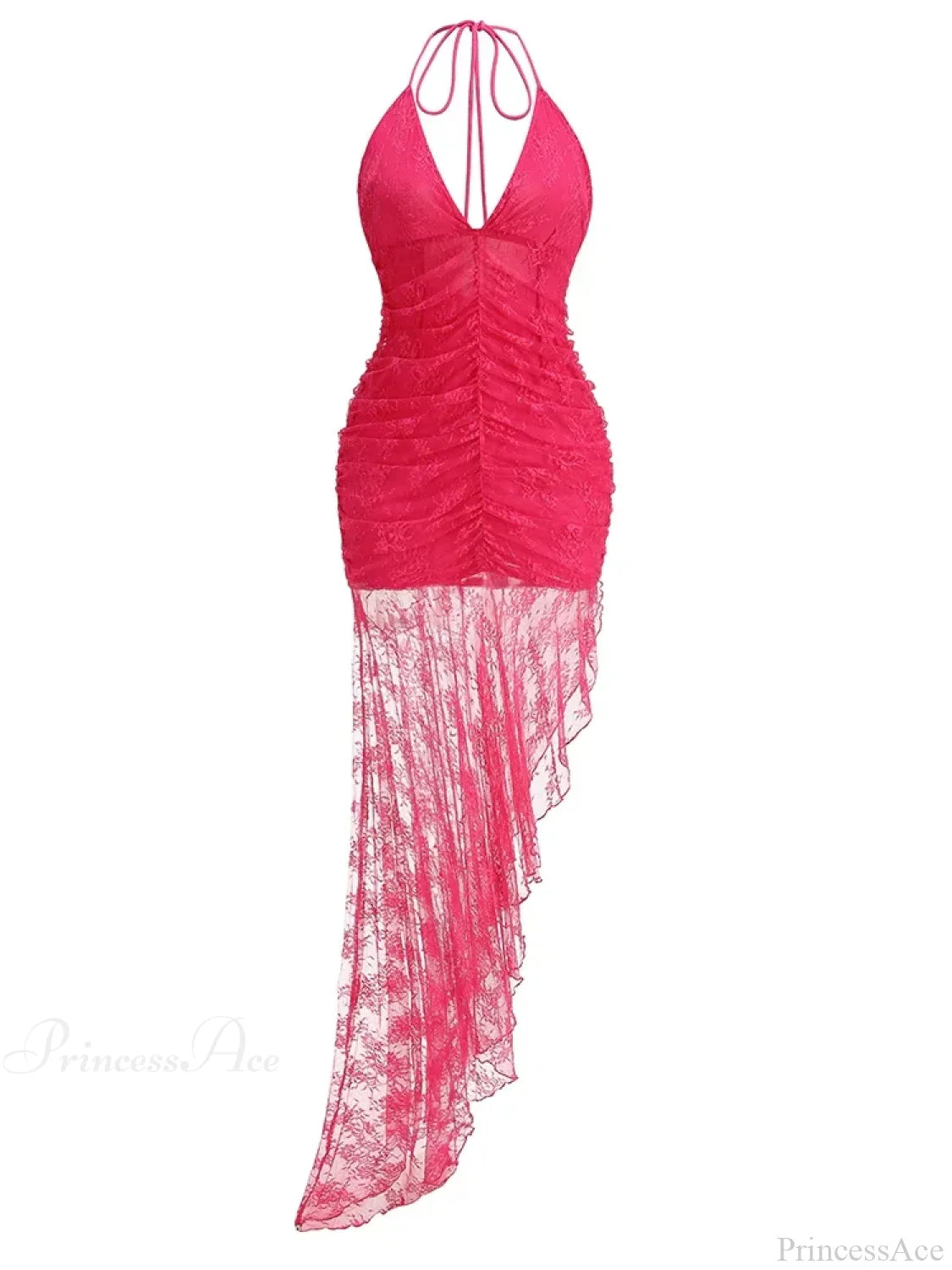 Sexy Halter Lace-up Deep V Neck Lace Ruffles Rose Red Christmas Party Dress