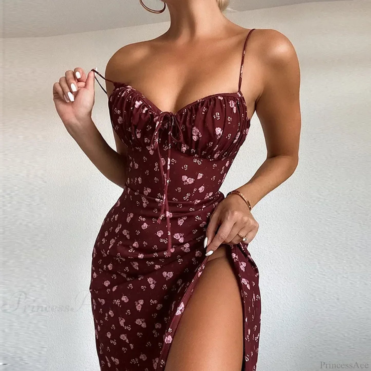 Sexy Spaghetti Strap Slit Floral Beach Party Dress