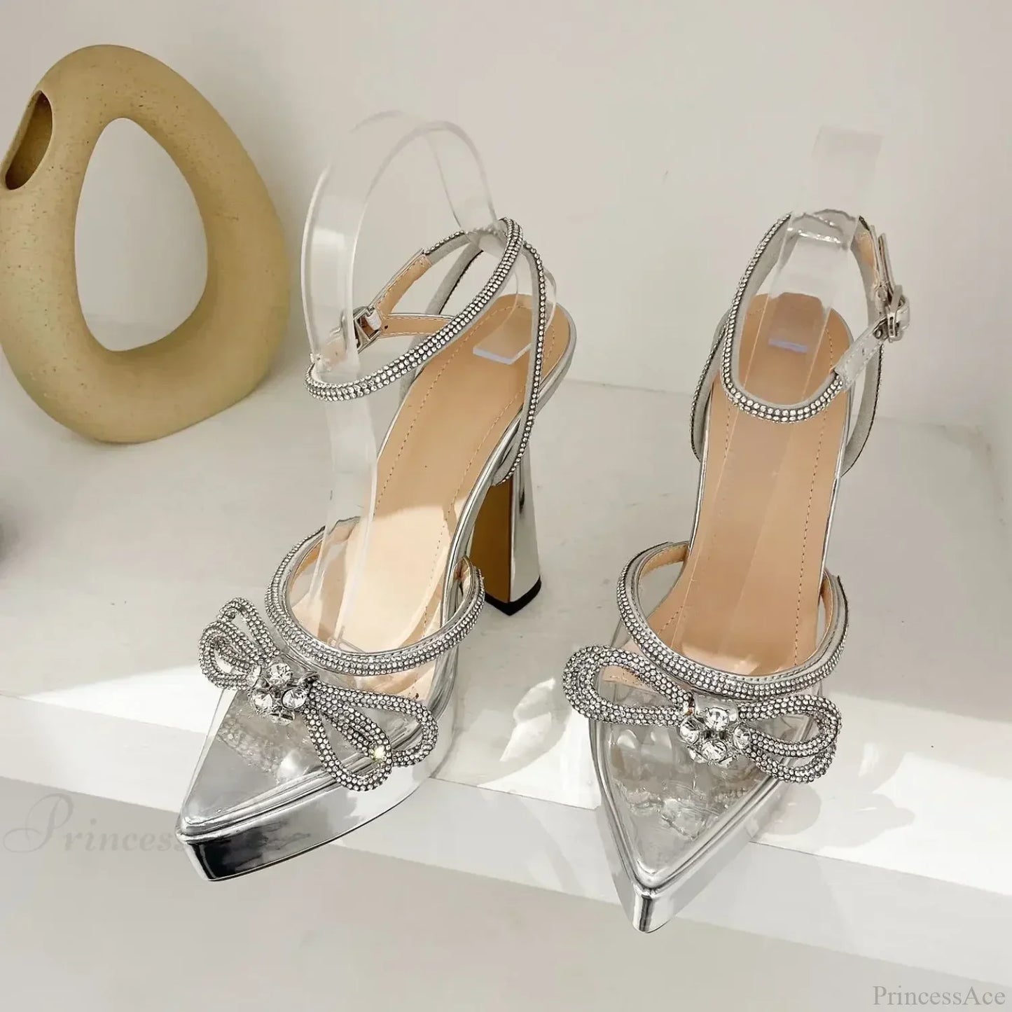 Sexy Transparent Pvc Crystal Pointed Butterfly Knot Chunky High Heel Party Wedding High Heel