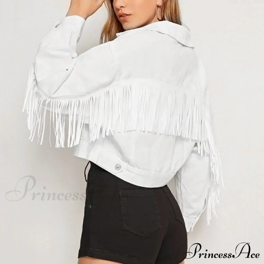 Short Loose Denim Wi Pockets Lapel Button Tassel Chic Stylish Elegant Fashionable Versatile Boyfriend Outer Jacket